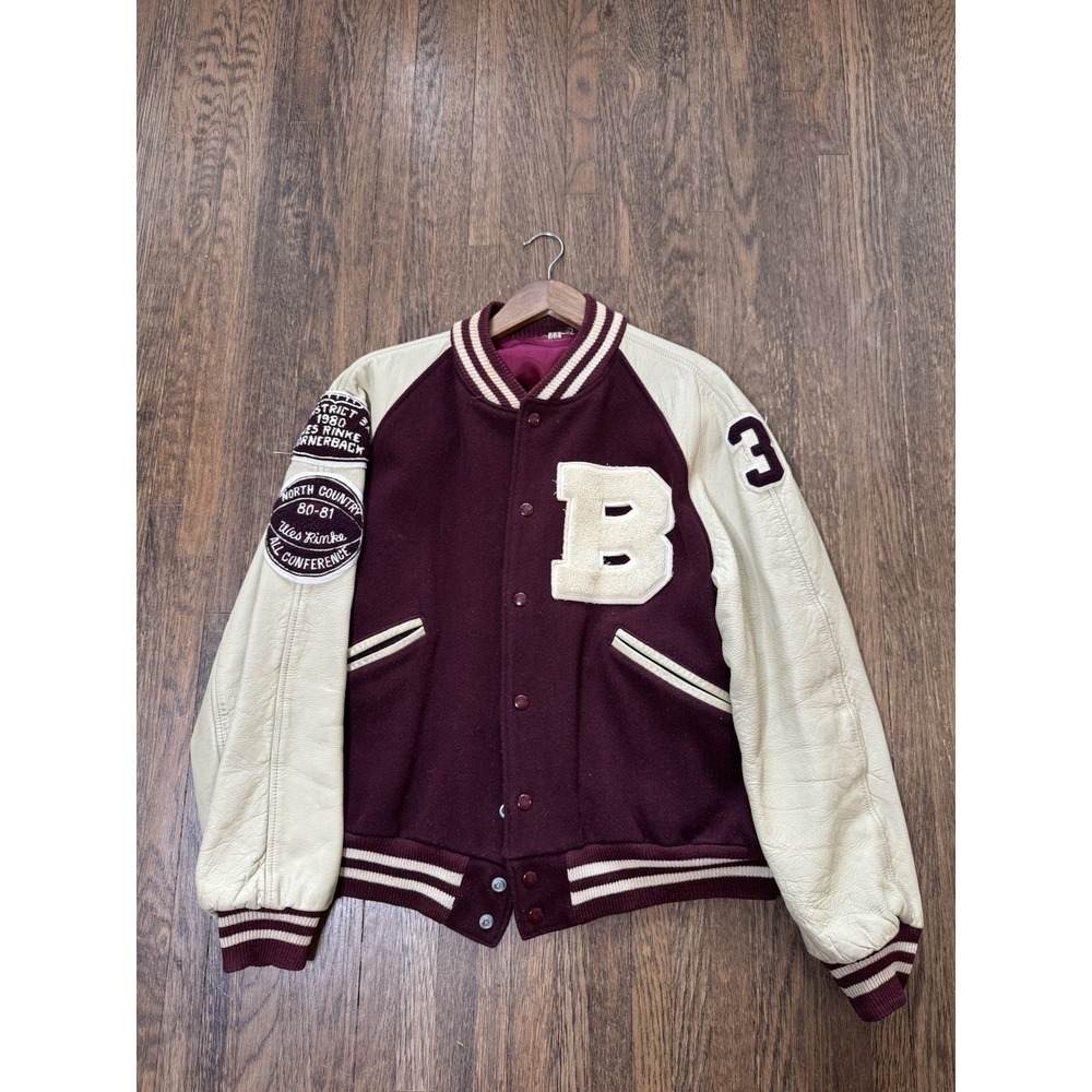 Vintage 80s Butwin Varsity Letterman Jacket Maroon Wool Leather Sleeves Size 44